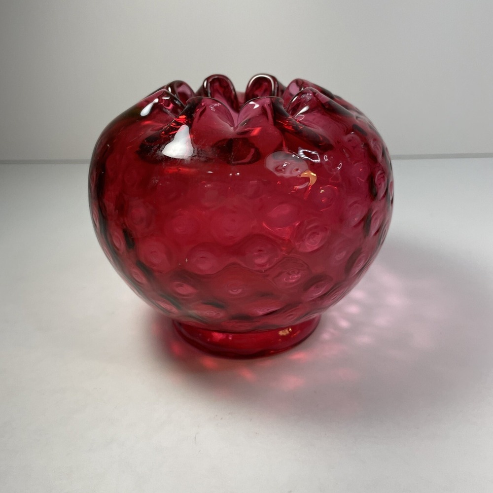 Vintage Fenton Cranberry Glass Rose Fine Dotted Ruffle Crimped Top Vase Ruby Red